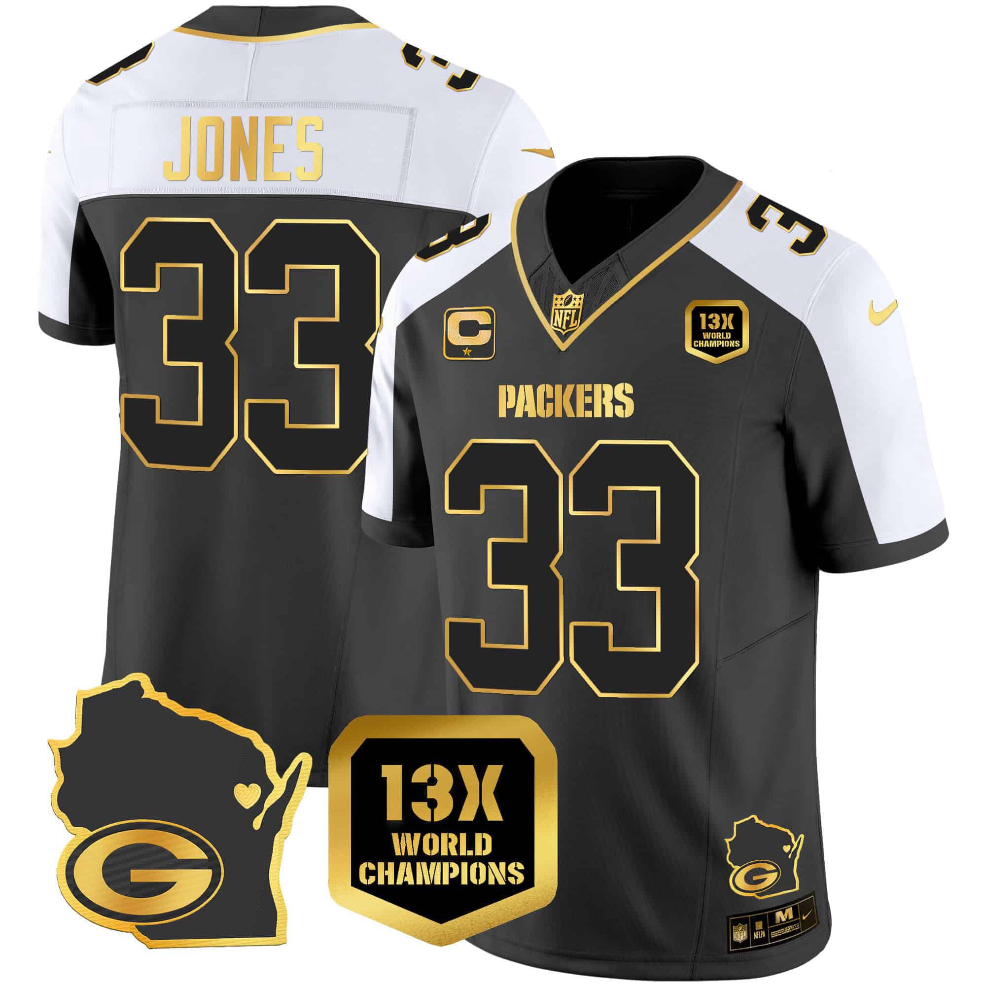 Men Green Bay Packers #33 Jones Black Gold 2024 Nike World Champions Home Patch Vapor NFL Jersey